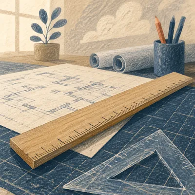 Architectural Blueprint Desk With Wooden Ruler
