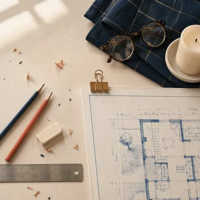 Architect Desk Blueprint Planning Flat Lay