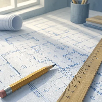 Architectural Blueprint with Pencil and Ruler