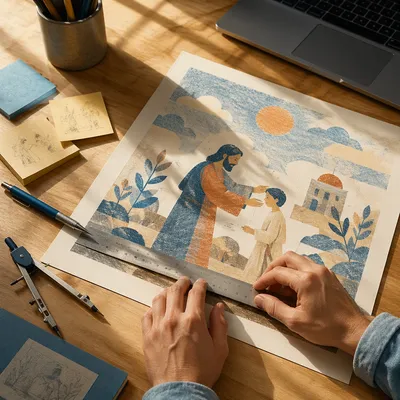 Architectural Blueprint Planning on Oak Desk
