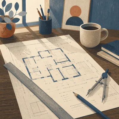 Architectural Blueprint Review on Walnut Desk