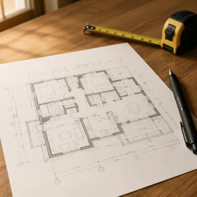 Architectural Blueprint Plan on Wooden Desk