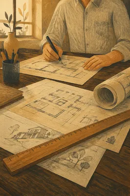 Architectural Blueprint Workspace with Wooden Ruler