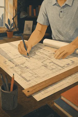 Architect Drafting Blueprint on Wooden Desk