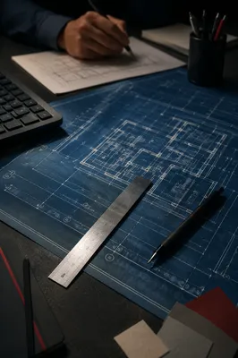 Architect Blueprint Desk With Metal Ruler