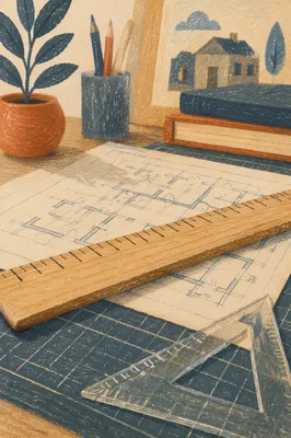 Architectural Blueprint Desk With Wooden Ruler