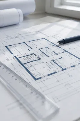 Architectural Blueprint on Desk with Ruler