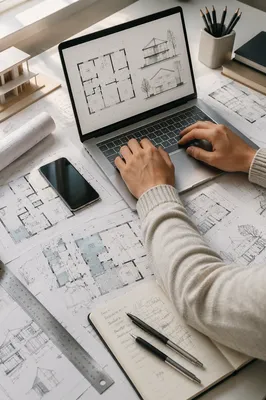 Architectural Blueprint Desk with Laptop and Ruler