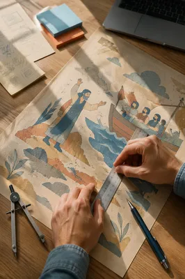 Architectural Blueprint Planning on Oak Desk