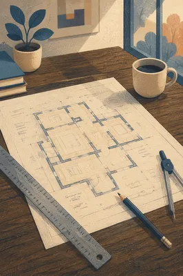 Architectural Blueprint Review on Walnut Desk