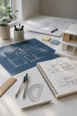 Architectural Blueprint Desk with Ruler and Tools