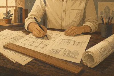 Architectural Blueprint Desk with Wooden Ruler
