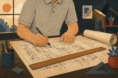 Architect Drafting Blueprint on Wooden Desk