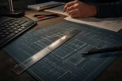 Architectural Blueprint Desk with Metal Ruler