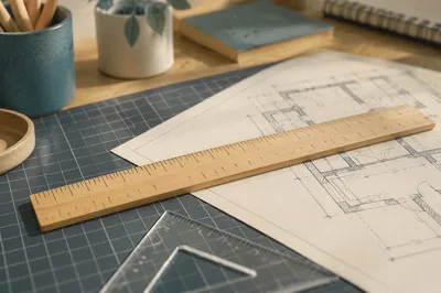 Architect Desk Blueprint With Wooden Ruler