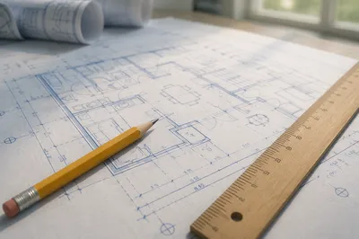 Architectural Blueprint Desk with Pencil and Ruler