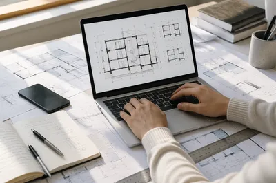Architectural Blueprint Desk With Laptop