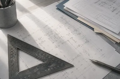 Architectural Blueprint Desk with Drafting Ruler