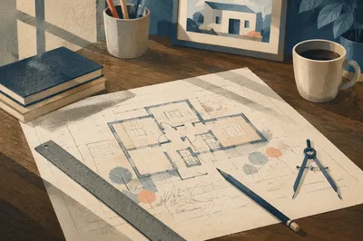 Architectural Blueprint Workspace with Ruler and Coffee