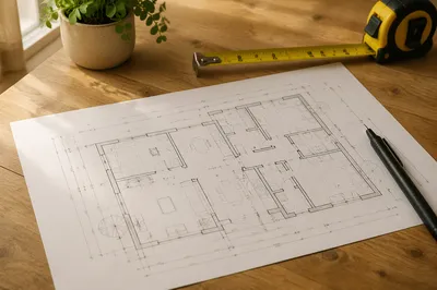 Architectural Blueprint Plan on Wooden Desk