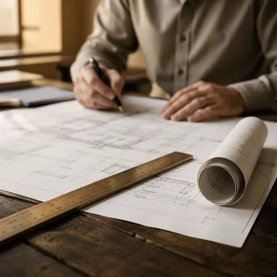 Architectural Blueprint Workspace With Wooden Ruler