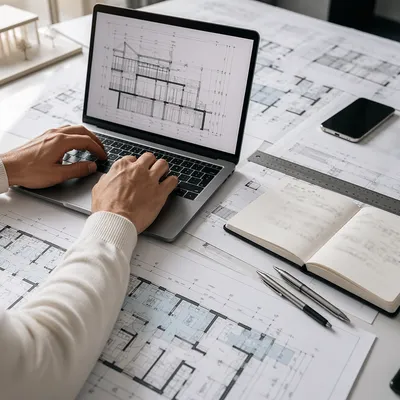 Architectural Blueprint Desk with Laptop and Ruler