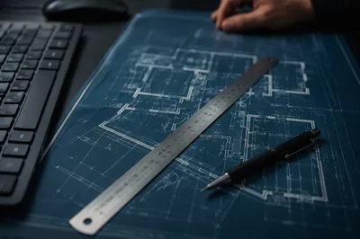 Architectural Blueprint Desk with Metal Ruler