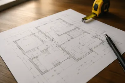 Architectural Blueprint Plan on Wooden Desk
