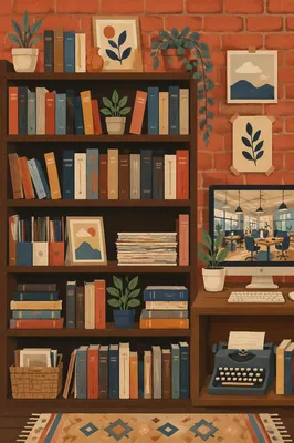 Modern Office Bookshelf with Brick Wall