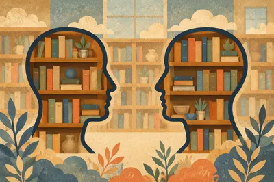 Bookshelf Minds Sharing Wisdom in Modern Office