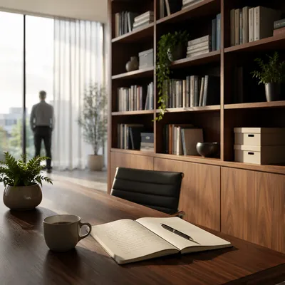 Modern Office Bookshelf with Quiet Wisdom
