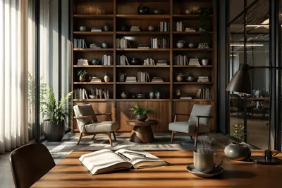 Modern Office Bookshelf with Quiet Wisdom