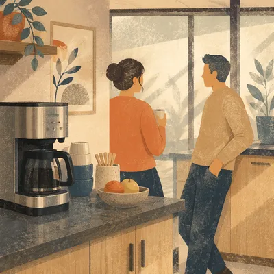 Coworkers Chatting by Office Coffee Machine