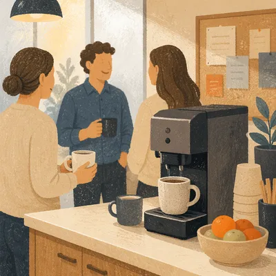 Coworkers Chatting by Office Coffee Machine