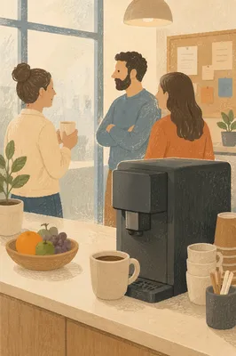Coworkers Chatting by Office Coffee Machine