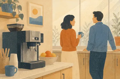 Coworkers Chatting by Office Coffee Machine