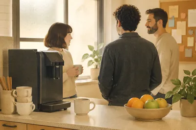 Coworkers Chatting by Office Coffee Machine