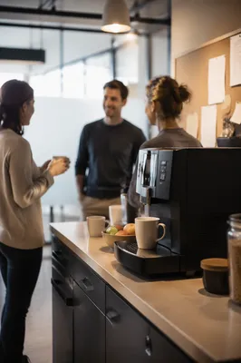 Coworkers Chatting by Office Coffee Machine