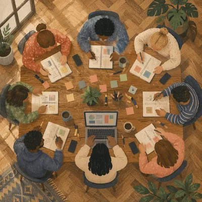 Overhead Collaborative Business Meeting at Rustic Table