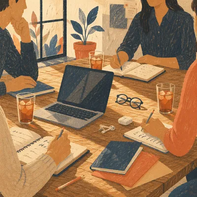Collaborative Business Meeting at Rustic Conference Table