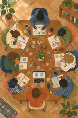 Overhead Team Brainstorming at Rustic Conference Table
