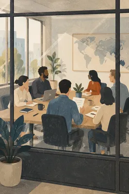 Collaborative Business Meeting Through Glass Partition