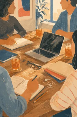 Collaborative Team Meeting at Rustic Conference Table