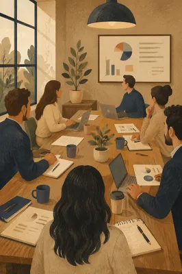 Collaborative Business Meeting Around Wooden Conference Table