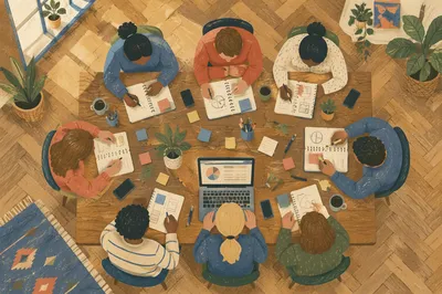 Overhead Team Meeting at Rustic Conference Table