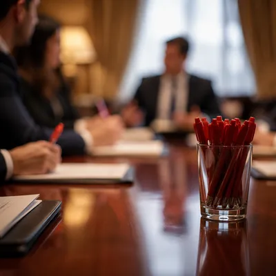 Focused Team Meeting With Red Pens