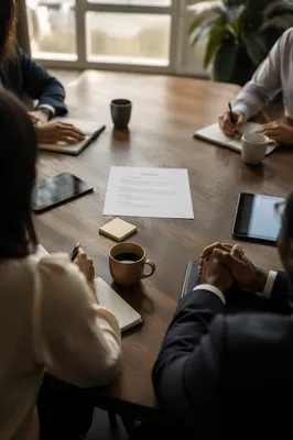 Collaborative Business Meeting Around Wooden Table