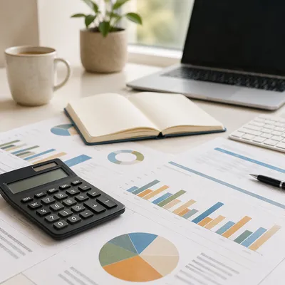 Business Planning Desk with Charts Notebook