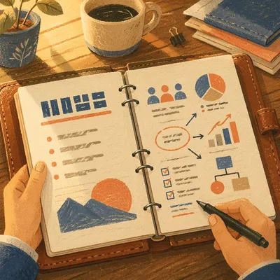 Business Plan Notebook with Hand Drawn Charts