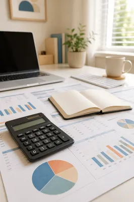 Business Planning Desk with Charts and Notebook